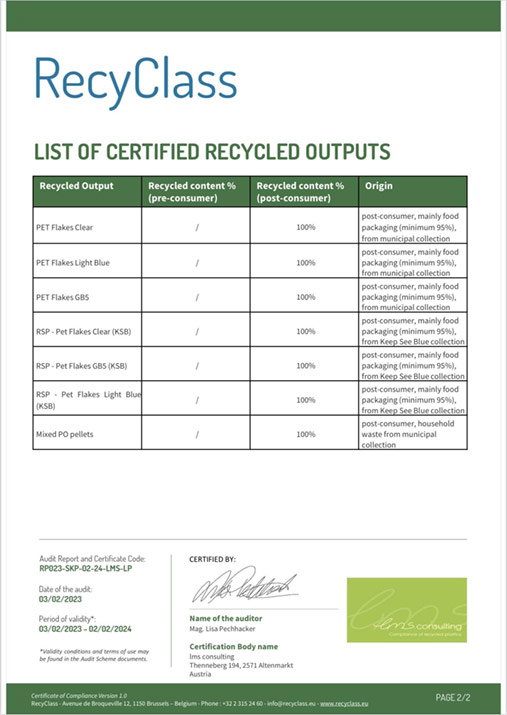 RecyClass Zertifikat mit Liste für den zertifizierten Output, Dokument für den zertifizierten Output der Recycling Anlage von SKYPLAST